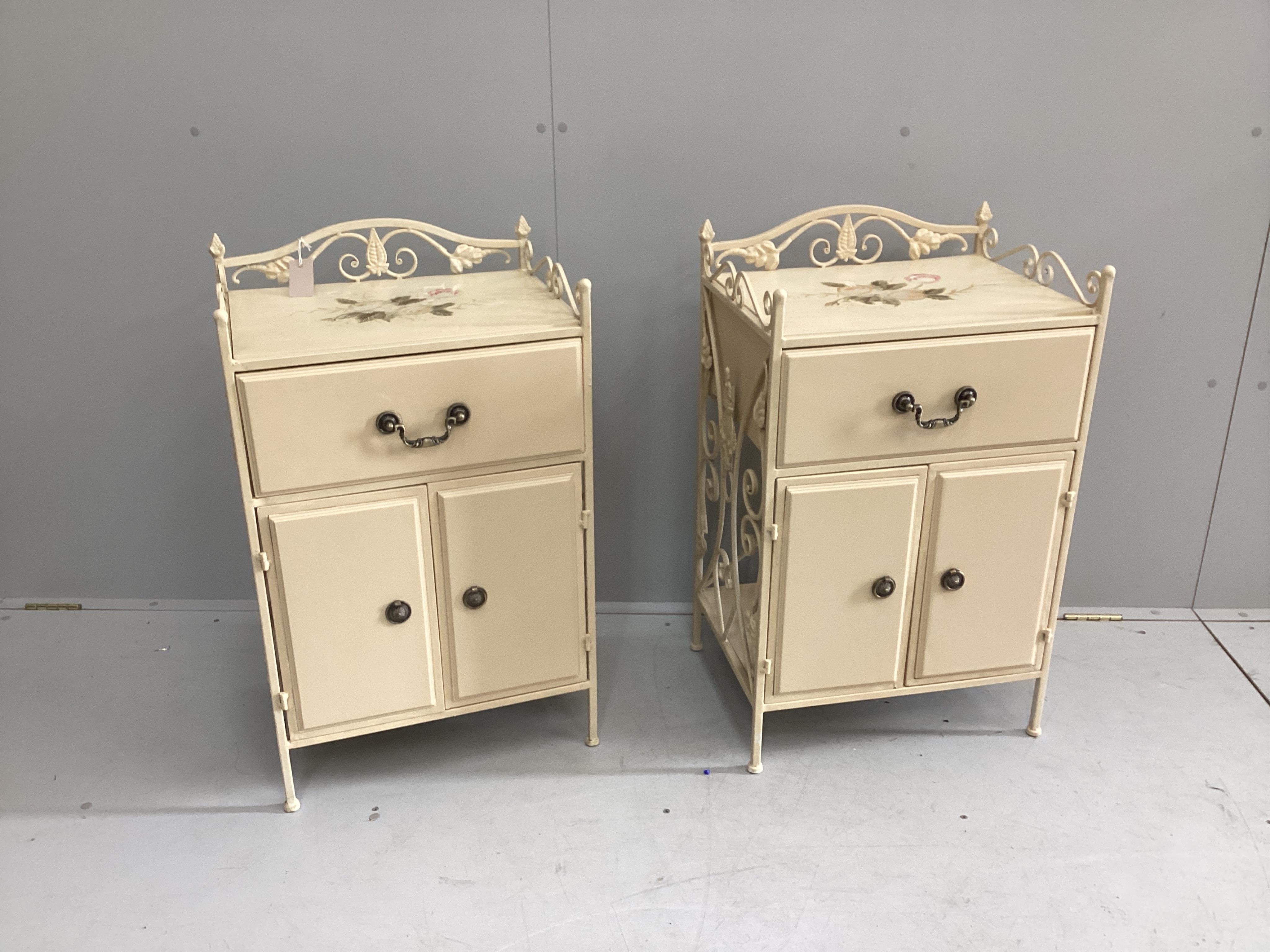 A pair of modern painted wrought iron bedside cabinets, width 48cm, depth 38cm, height 80cm. Condition - good